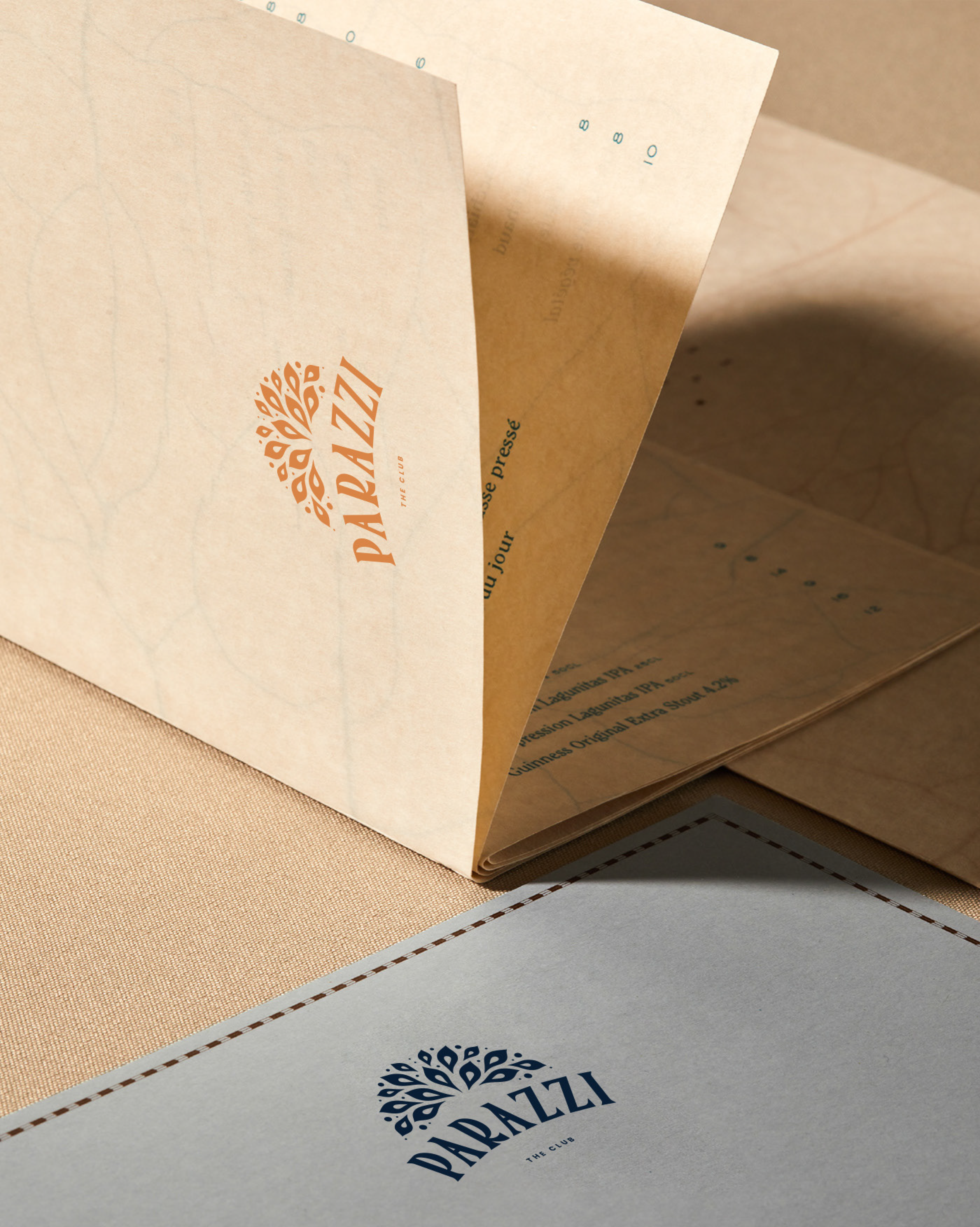 Parazzi Club branding materials featuring packaging, bags, and stationery