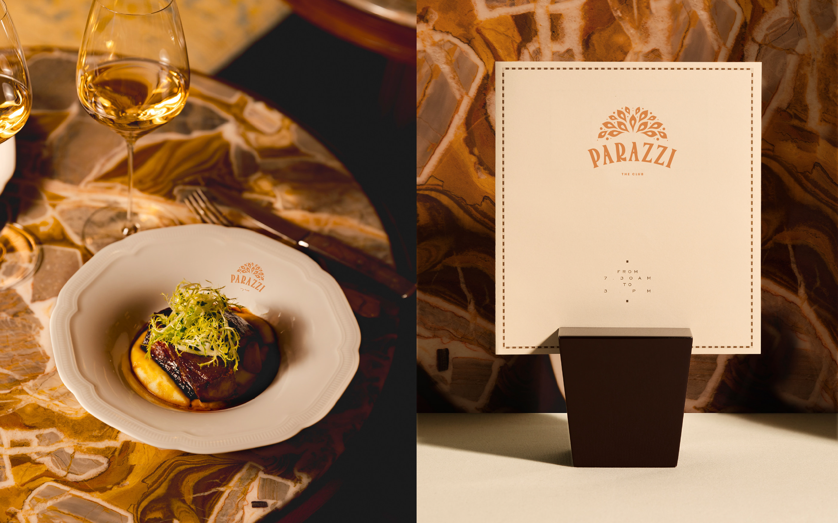 Parazzi Club branding showcase with restaurant materials and food presentation